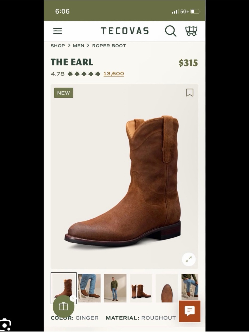 Tecovas The Earl Roper Boot in Ginger